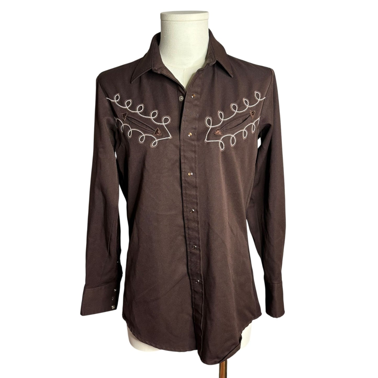 Vintage Karman Western Pearl Snap Shirt Brown Embroidered Long Sleeve Medium