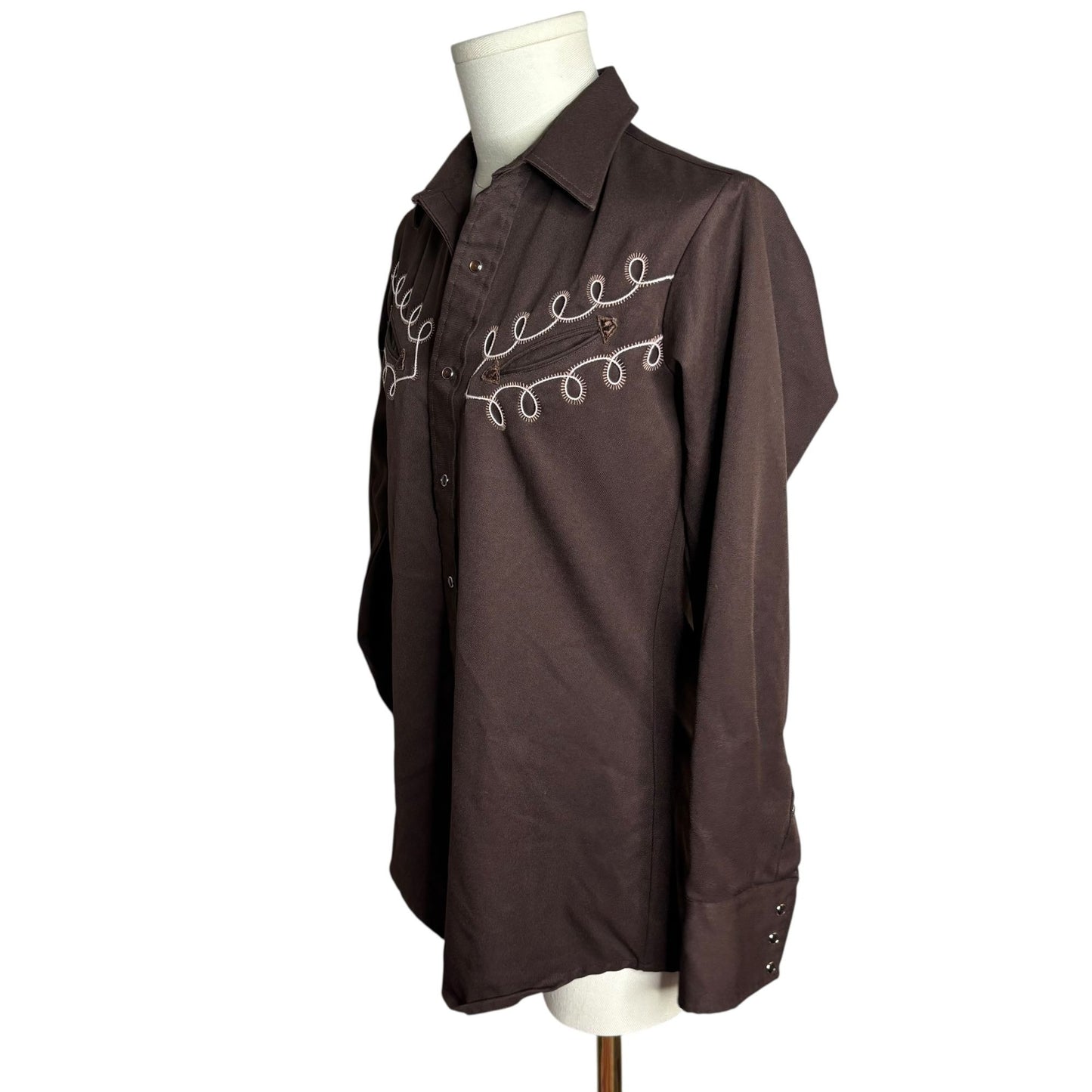 Vintage Karman Western Pearl Snap Shirt Brown Embroidered Long Sleeve Medium