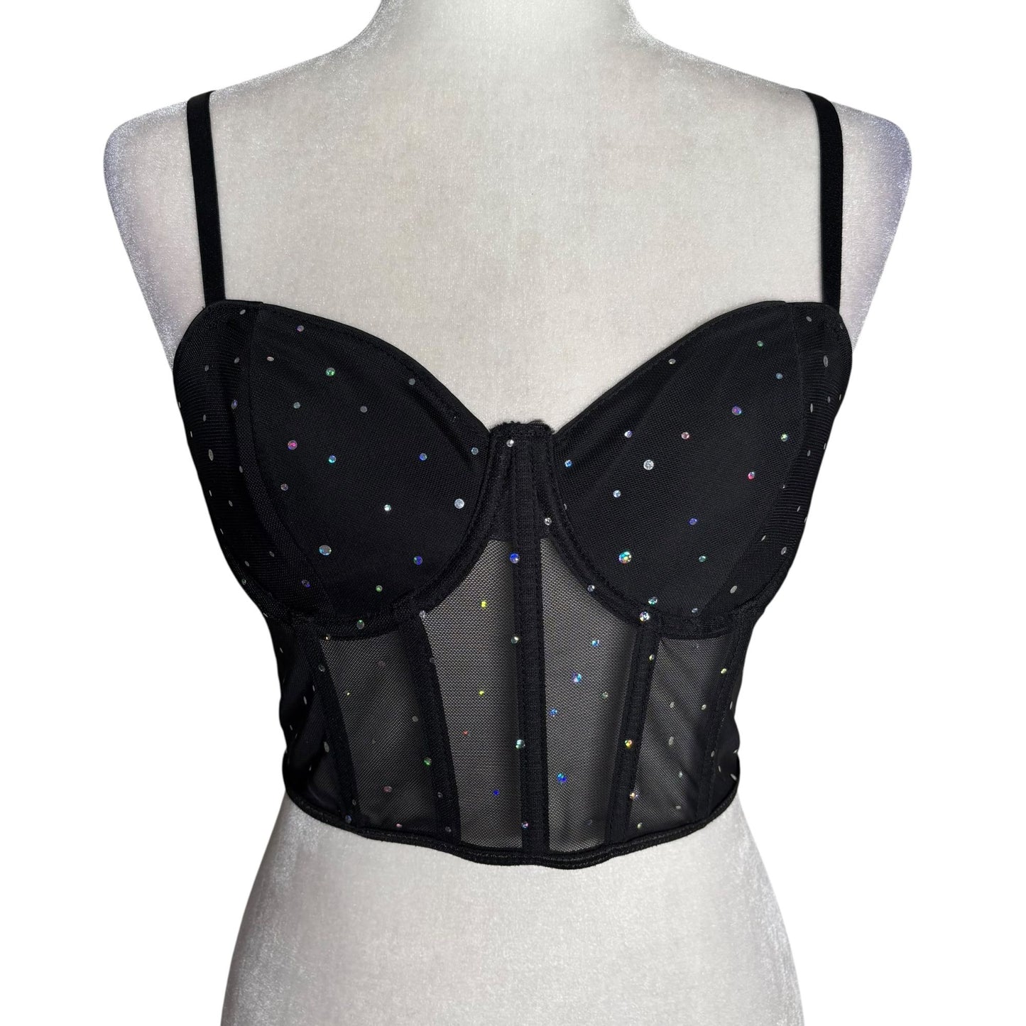 Mesh Rhinestone Bustier Crop Top Black Medium Adjustable Straps Boning NEW