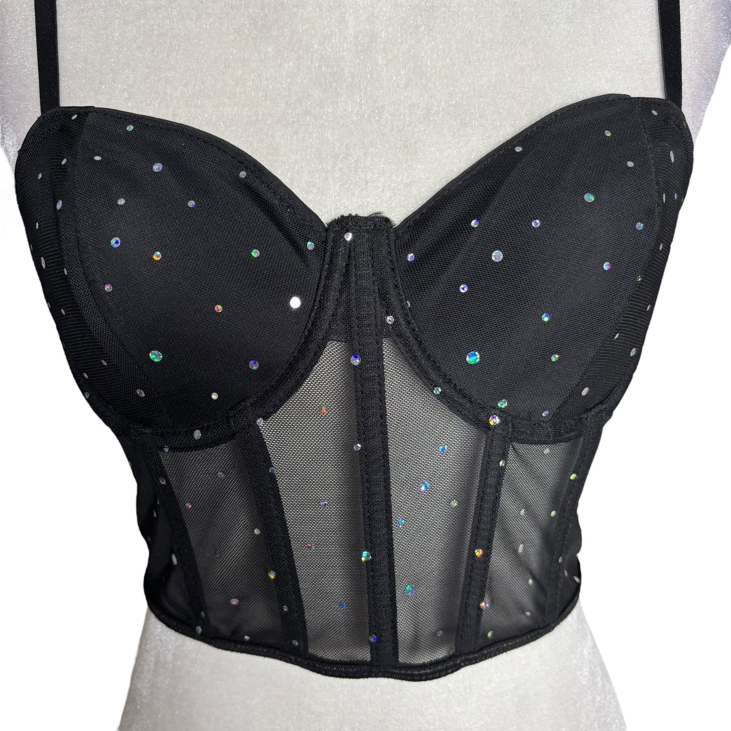 Mesh Rhinestone Bustier Crop Top Black Medium Adjustable Straps Boning NEW