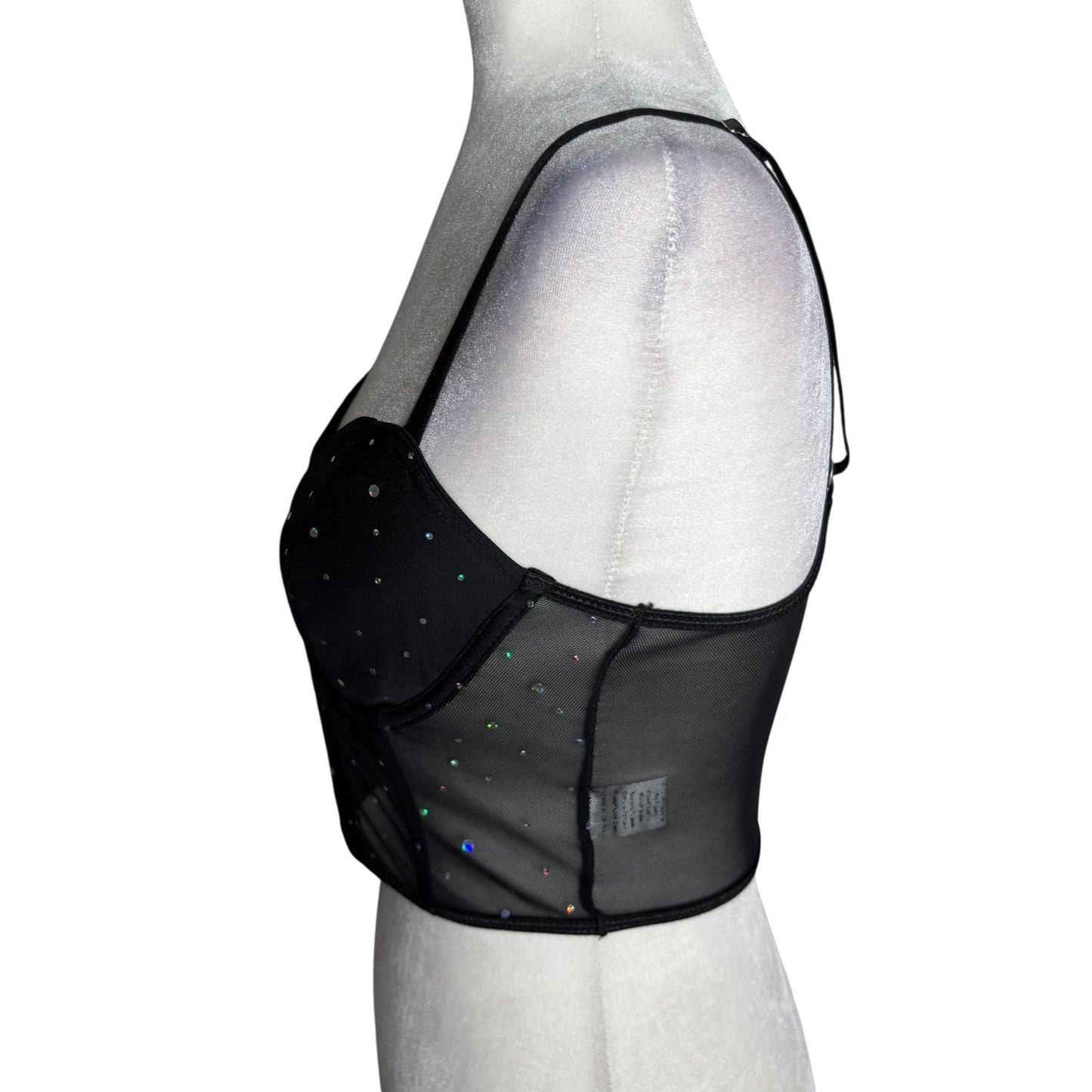 Mesh Rhinestone Bustier Crop Top Black Medium Adjustable Straps Boning NEW