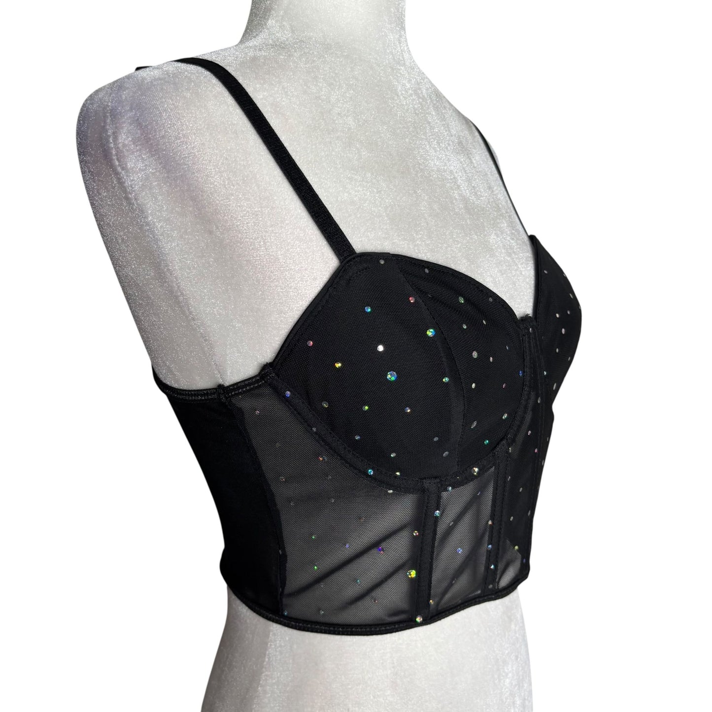 Mesh Rhinestone Bustier Crop Top Black Medium Adjustable Straps Boning NEW