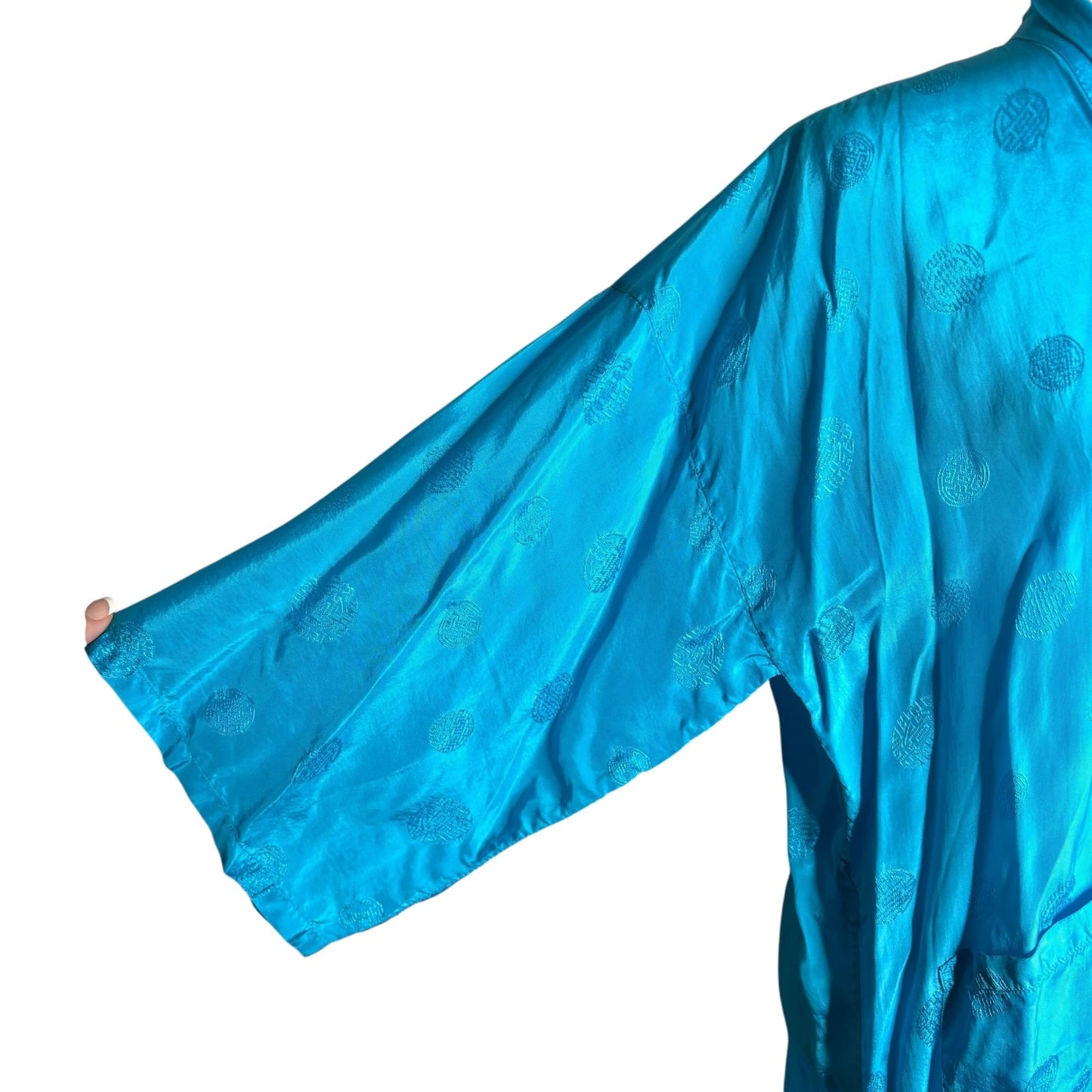 Vintage Kimono Hand Embroidered Medium Teal Blue Pockets Long Sleeve No Belt