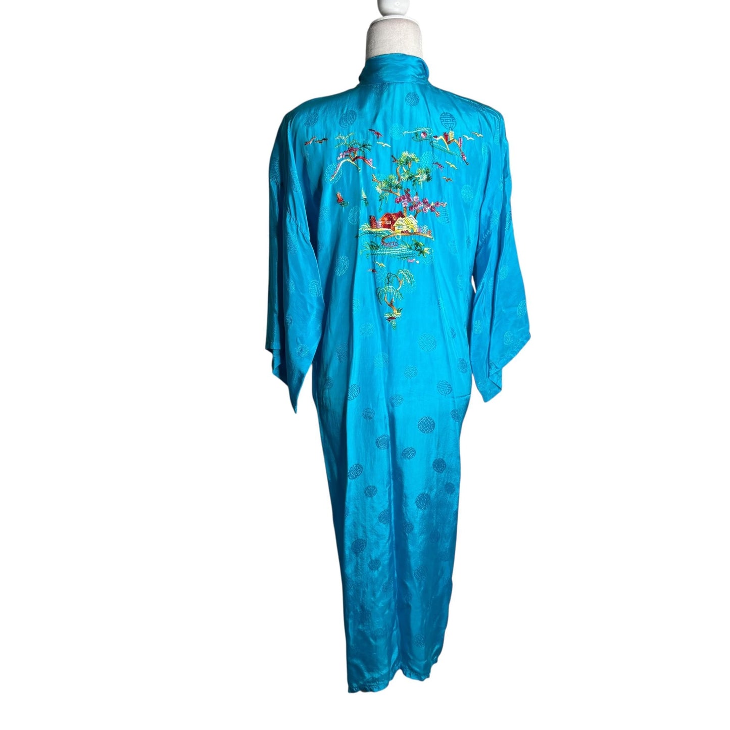 Vintage Kimono Hand Embroidered Medium Teal Blue Pockets Long Sleeve No Belt