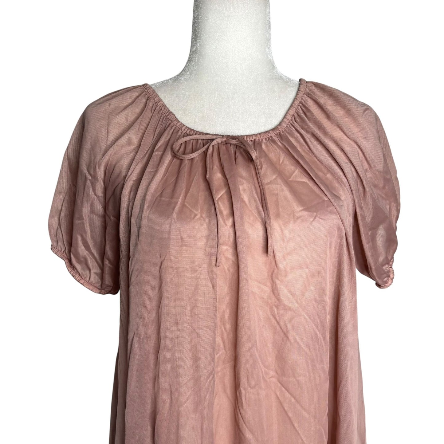 Vintage 70s Nylon Nightgown Dress Small Mocha Sheer Midi Elastic Neckline Sleeve
