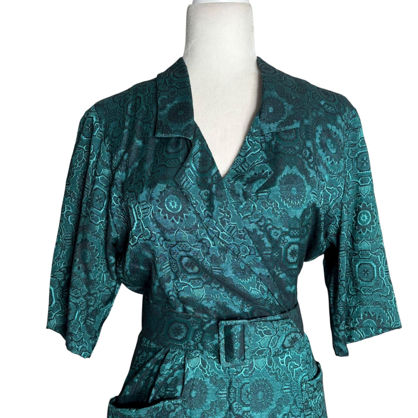 Vintage 90s All That Jazz Satin Wrap Dress XSmall Teal Black Belted Pockets