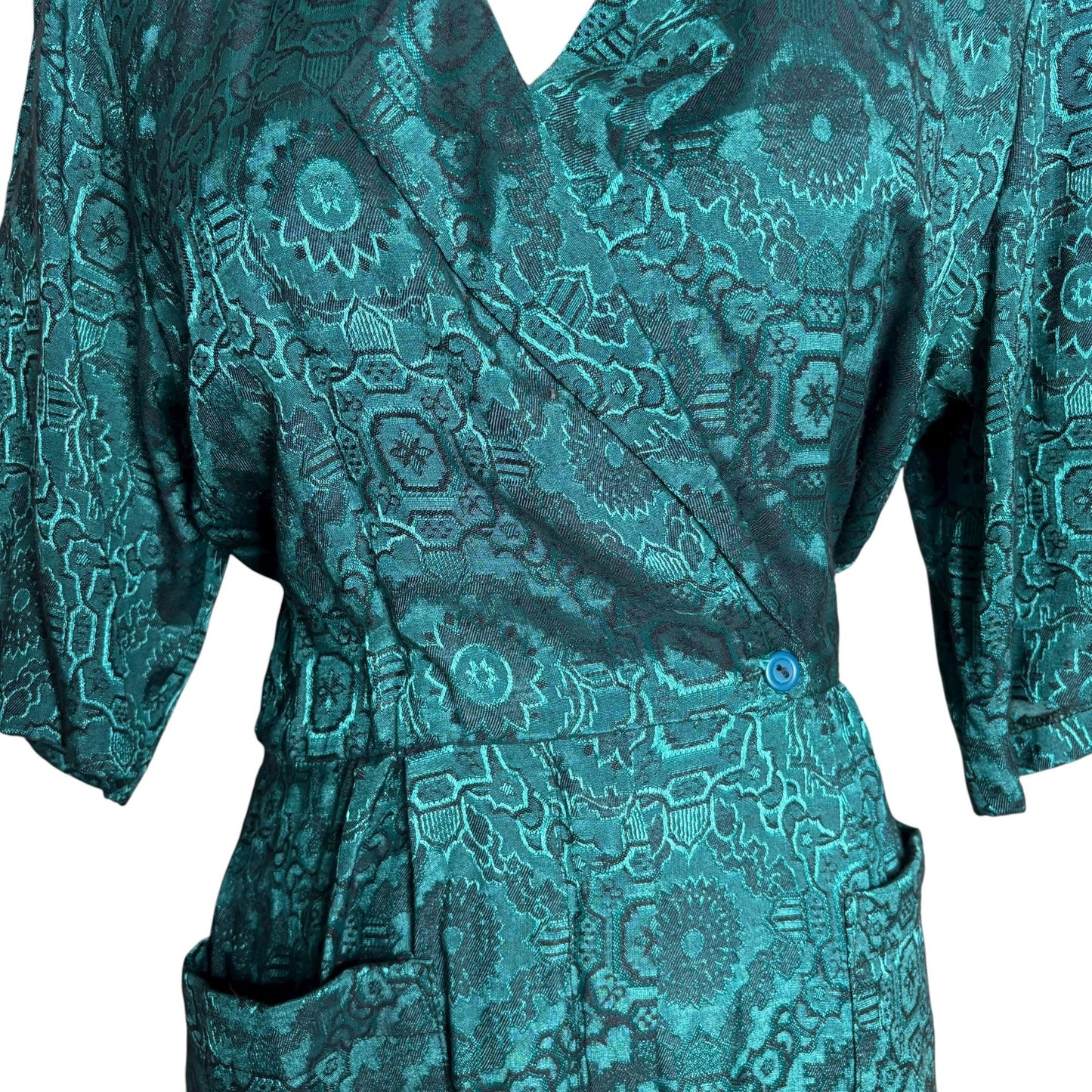 Vintage 90s All That Jazz Satin Wrap Dress XSmall Teal Black Belted Pockets