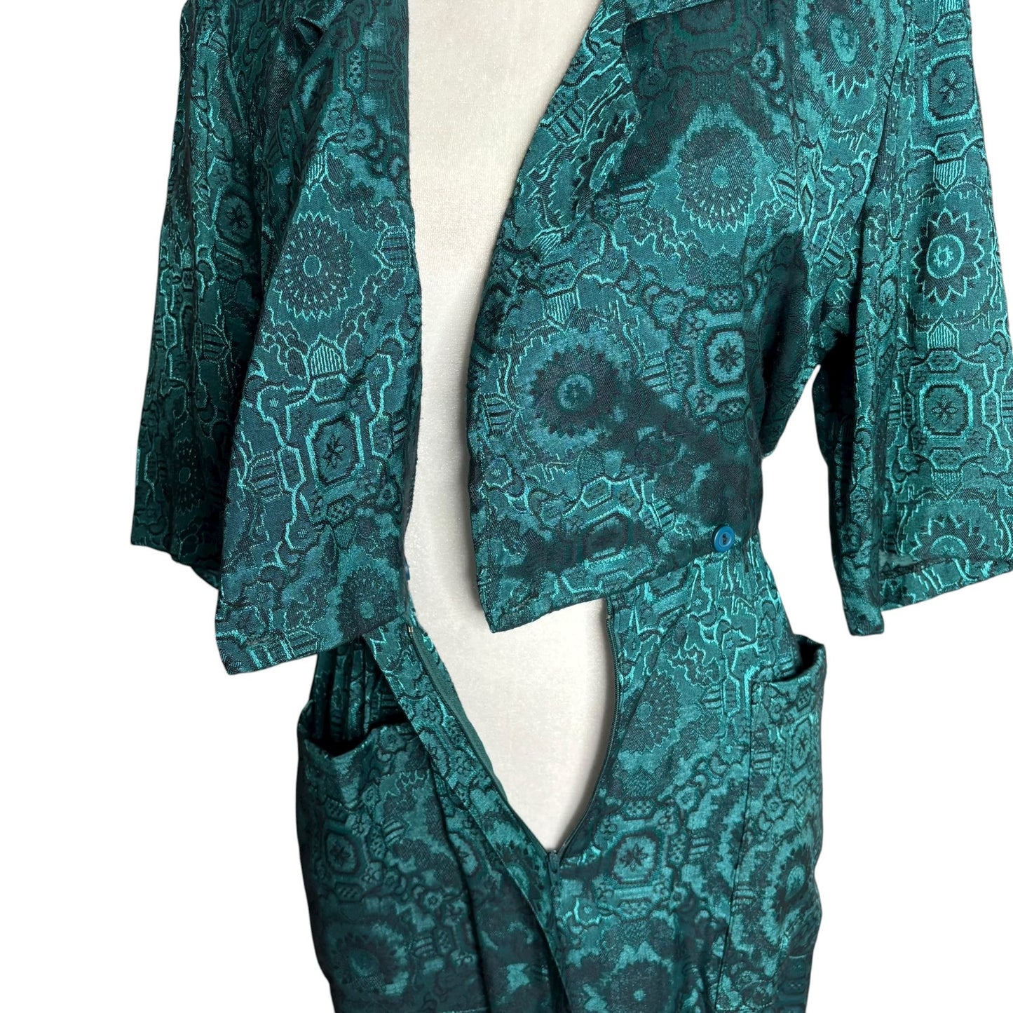 Vintage 90s All That Jazz Satin Wrap Dress XSmall Teal Black Belted Pockets