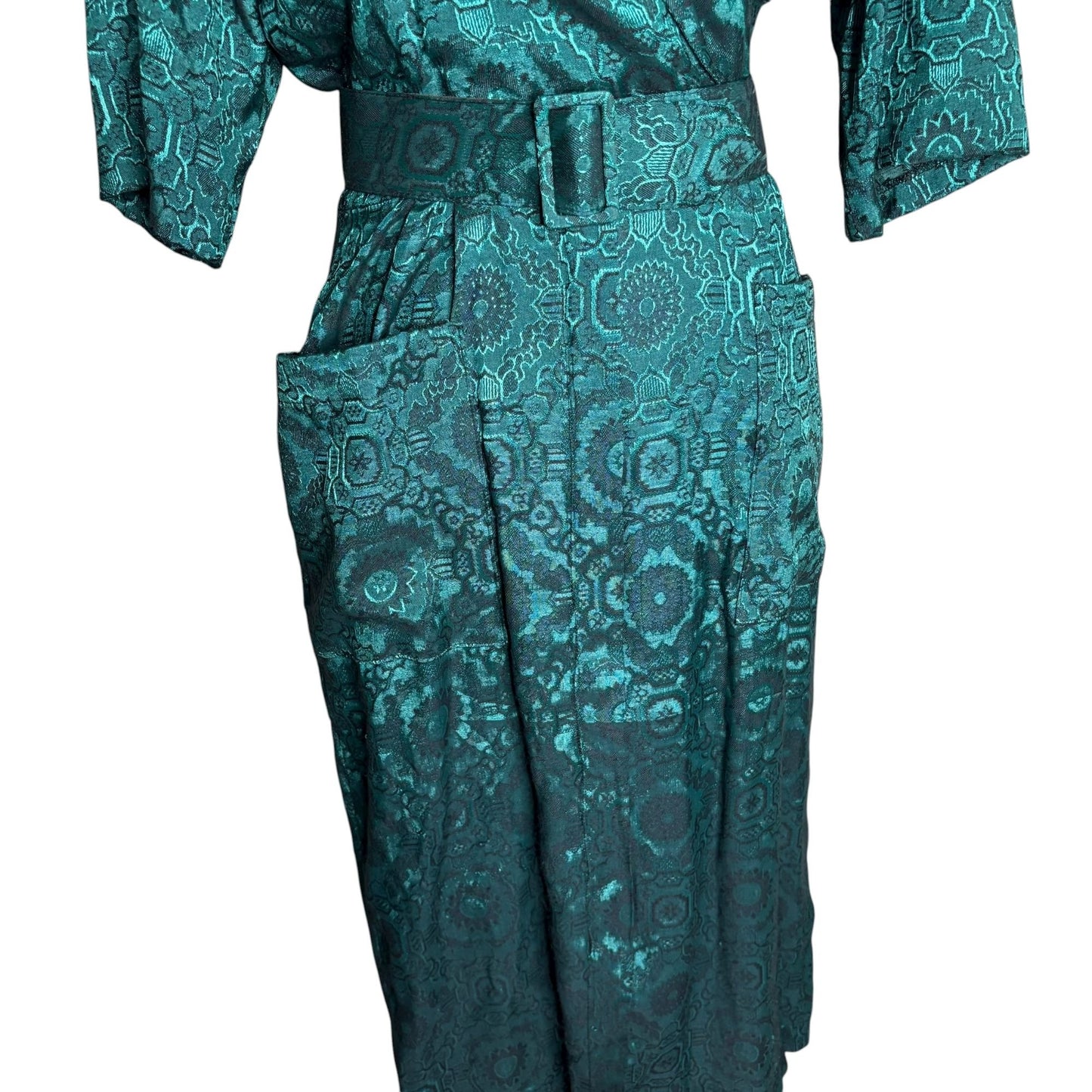 Vintage 90s All That Jazz Satin Wrap Dress XSmall Teal Black Belted Pockets