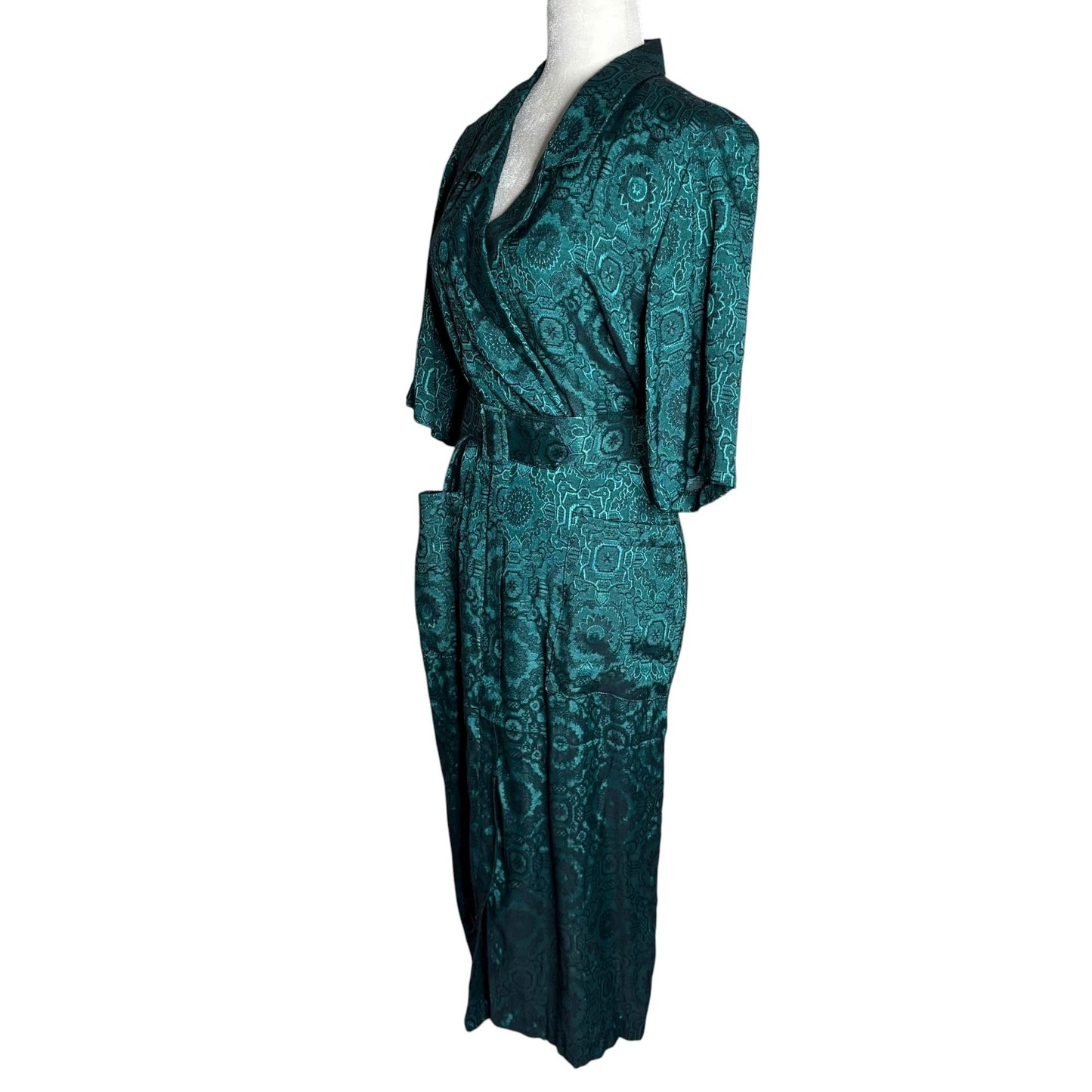 Vintage 90s All That Jazz Satin Wrap Dress XSmall Teal Black Belted Pockets