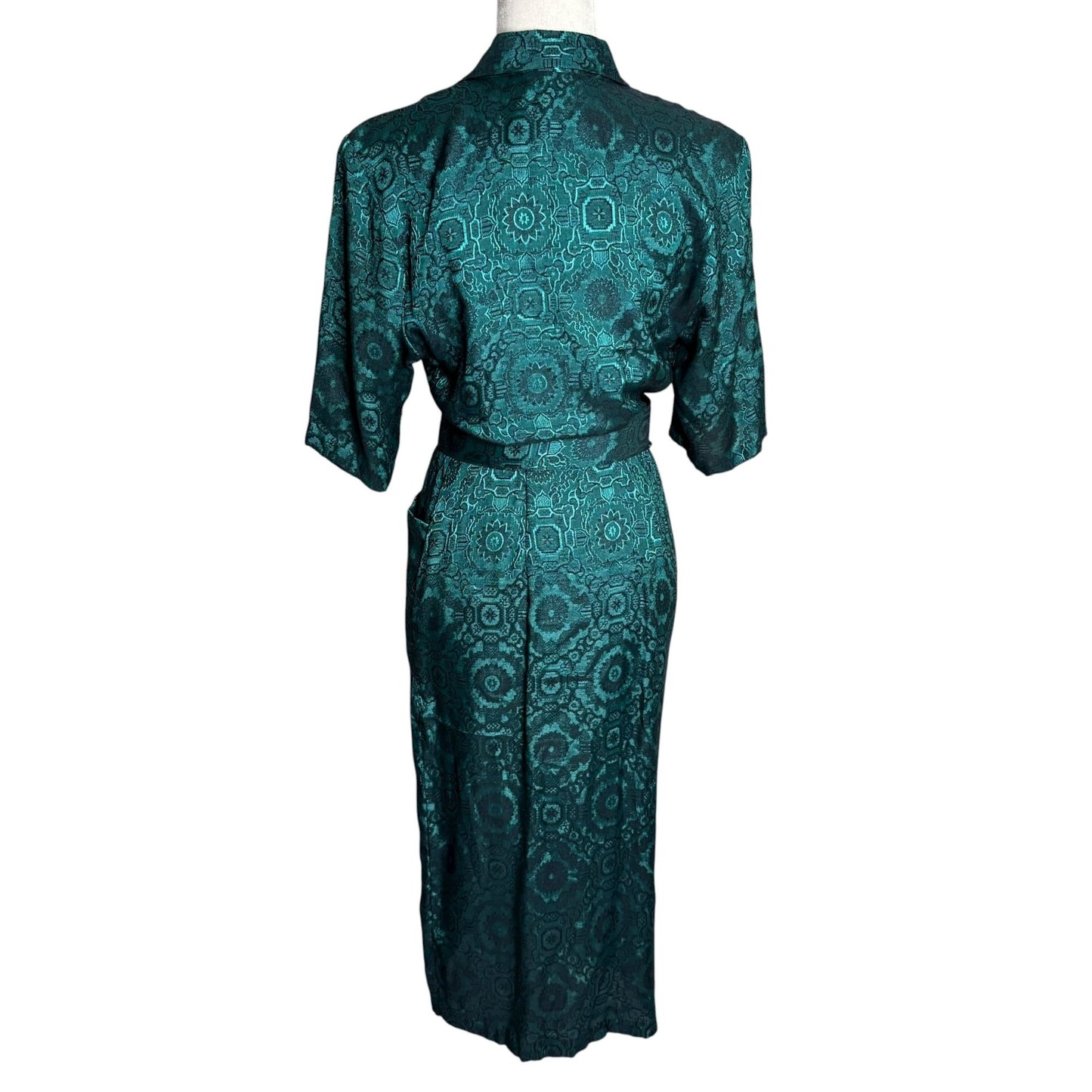 Vintage 90s All That Jazz Satin Wrap Dress XSmall Teal Black Belted Pockets