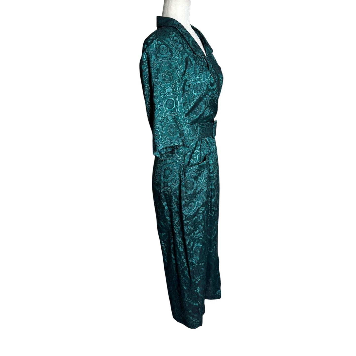 Vintage 90s All That Jazz Satin Wrap Dress XSmall Teal Black Belted Pockets
