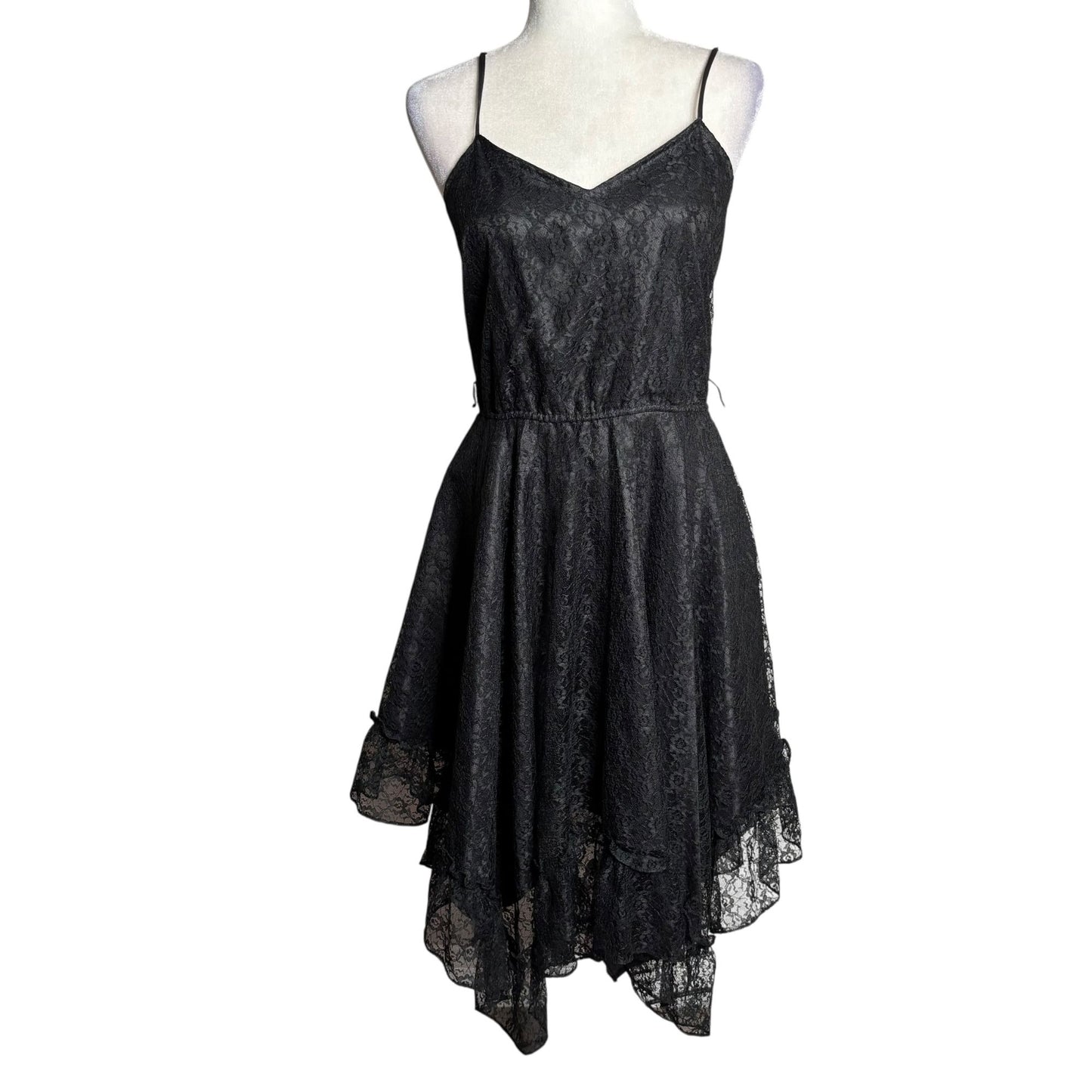 Vintage 90s Lace Handkerchief Hem Dress Size Medium Black Spaghetti Strap Goth