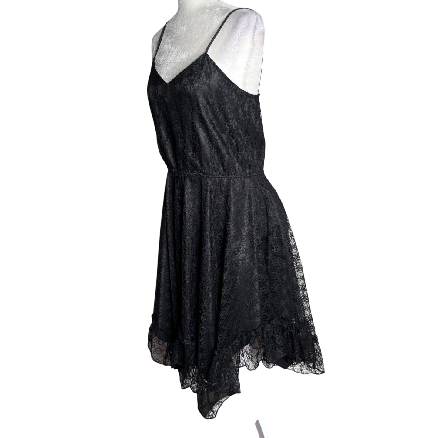 Vintage 90s Lace Handkerchief Hem Dress Size Medium Black Spaghetti Strap Goth