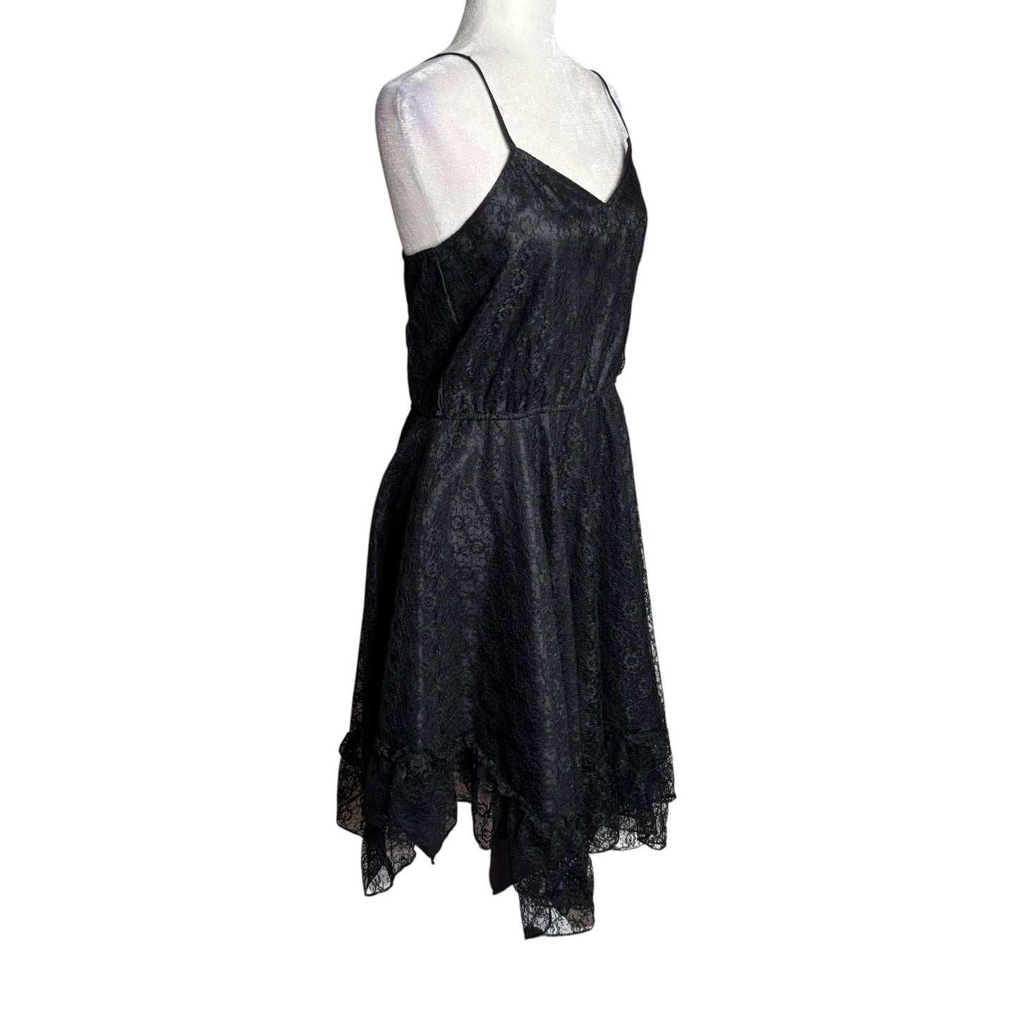 Vintage 90s Lace Handkerchief Hem Dress Size Medium Black Spaghetti Strap Goth