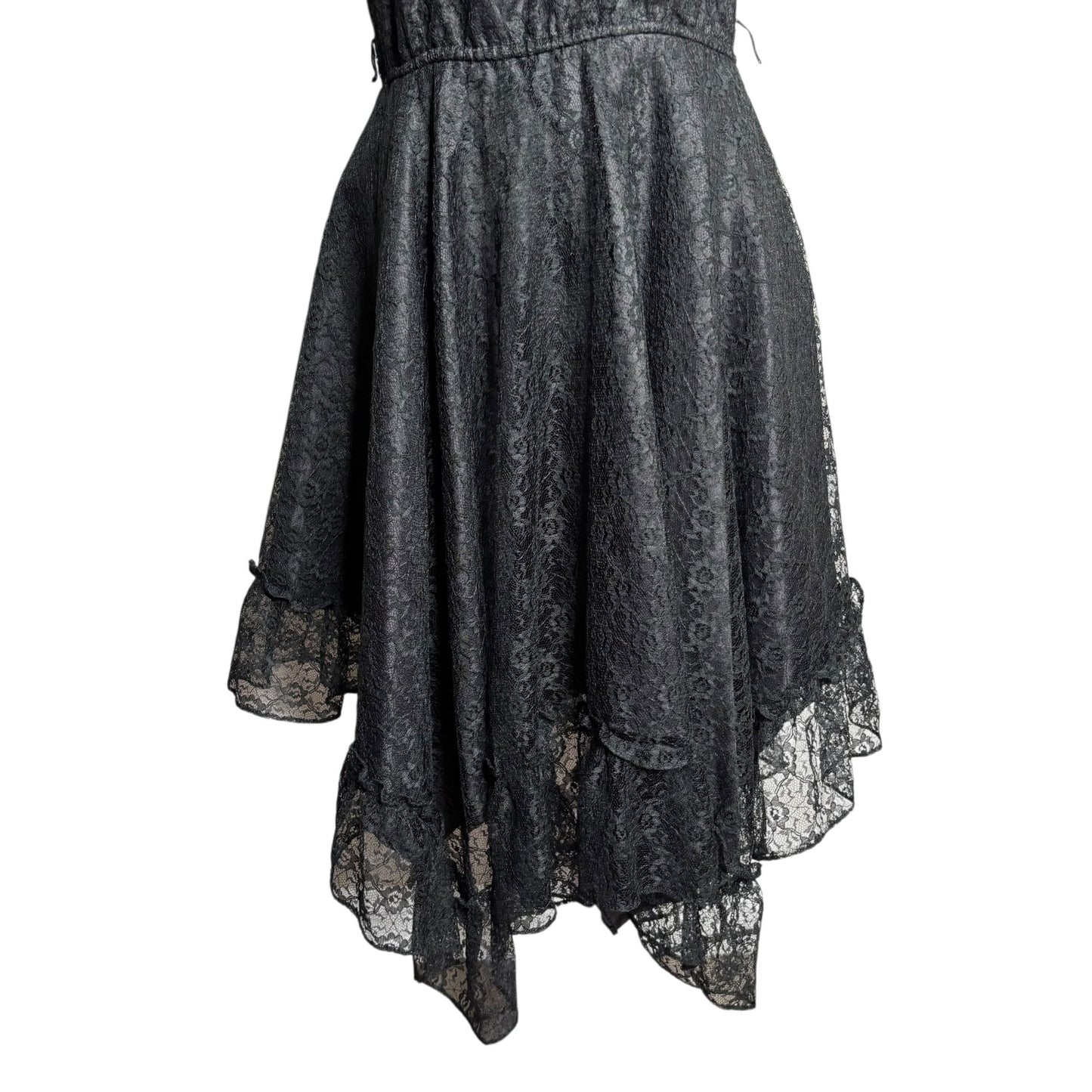 Vintage 90s Lace Handkerchief Hem Dress Size Medium Black Spaghetti Strap Goth