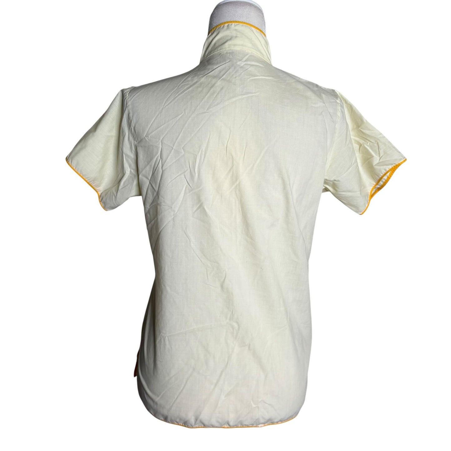 Vintage 70s Embroidered Chinese Short Sleeve Top Small Yellow Snaps Pockets