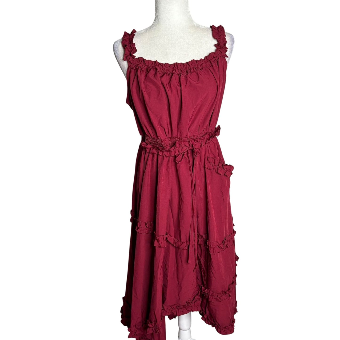 Scarlet Darkness Ruffled Midi Dress Large Red Sleeveless Goth Renaissance NEW
