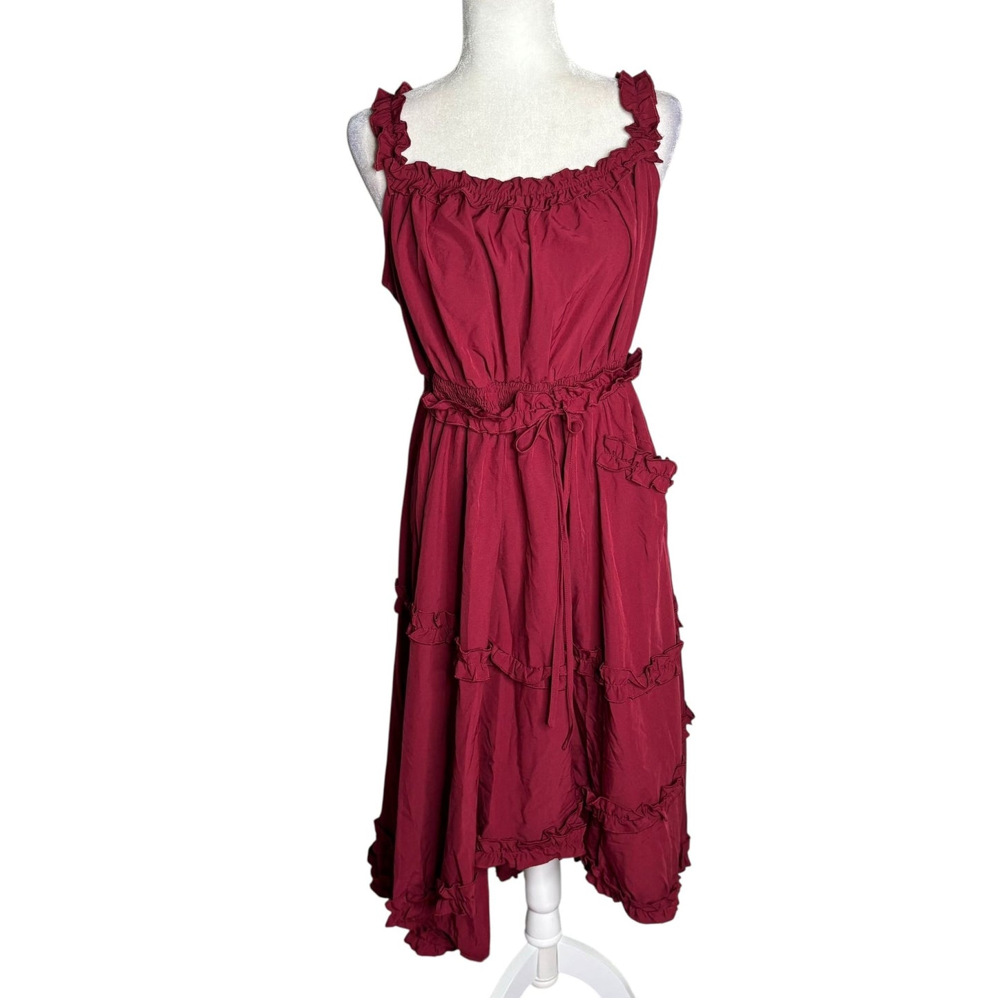 Scarlet Darkness Ruffled Midi Dress Large Red Sleeveless Goth Renaissance NEW