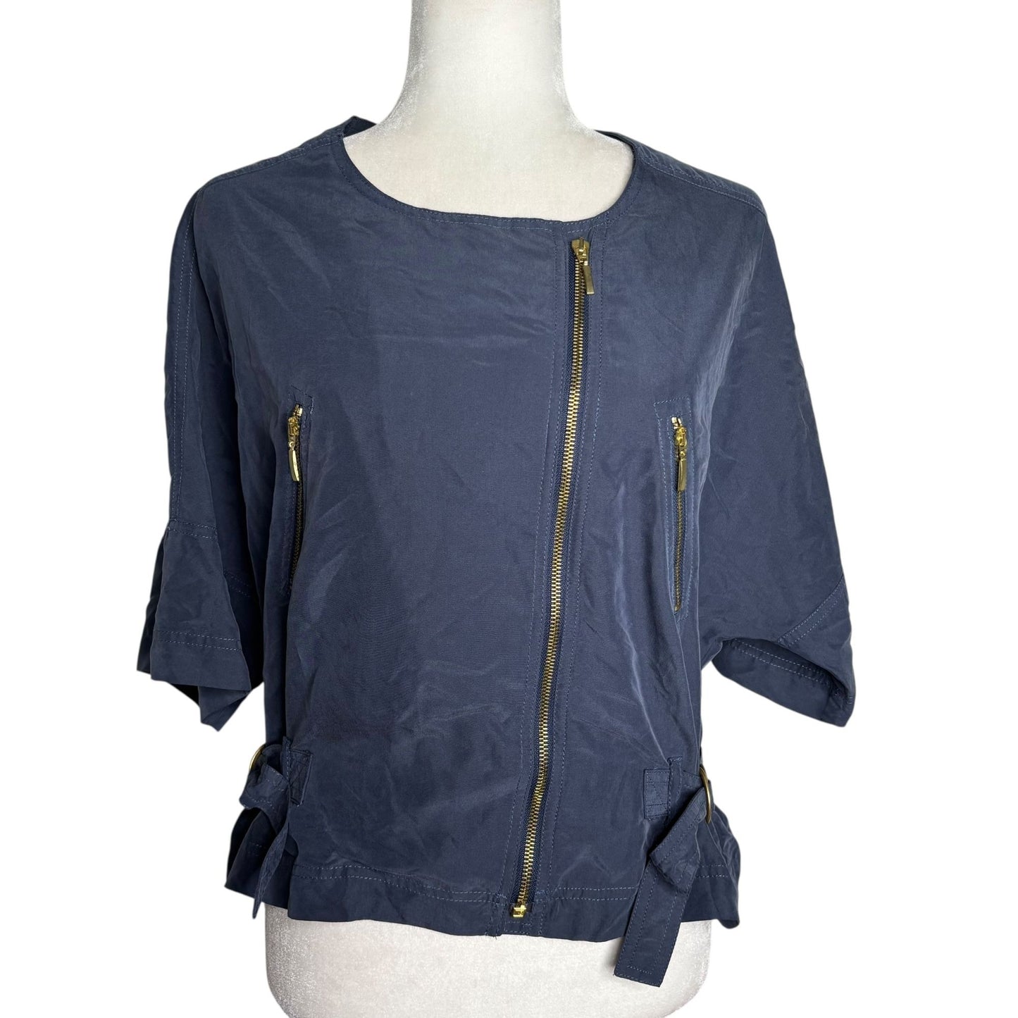 Paul Brial Navy Blue Asymmetrical Zip Jacket Top Size 5 Side Buckles Pockets