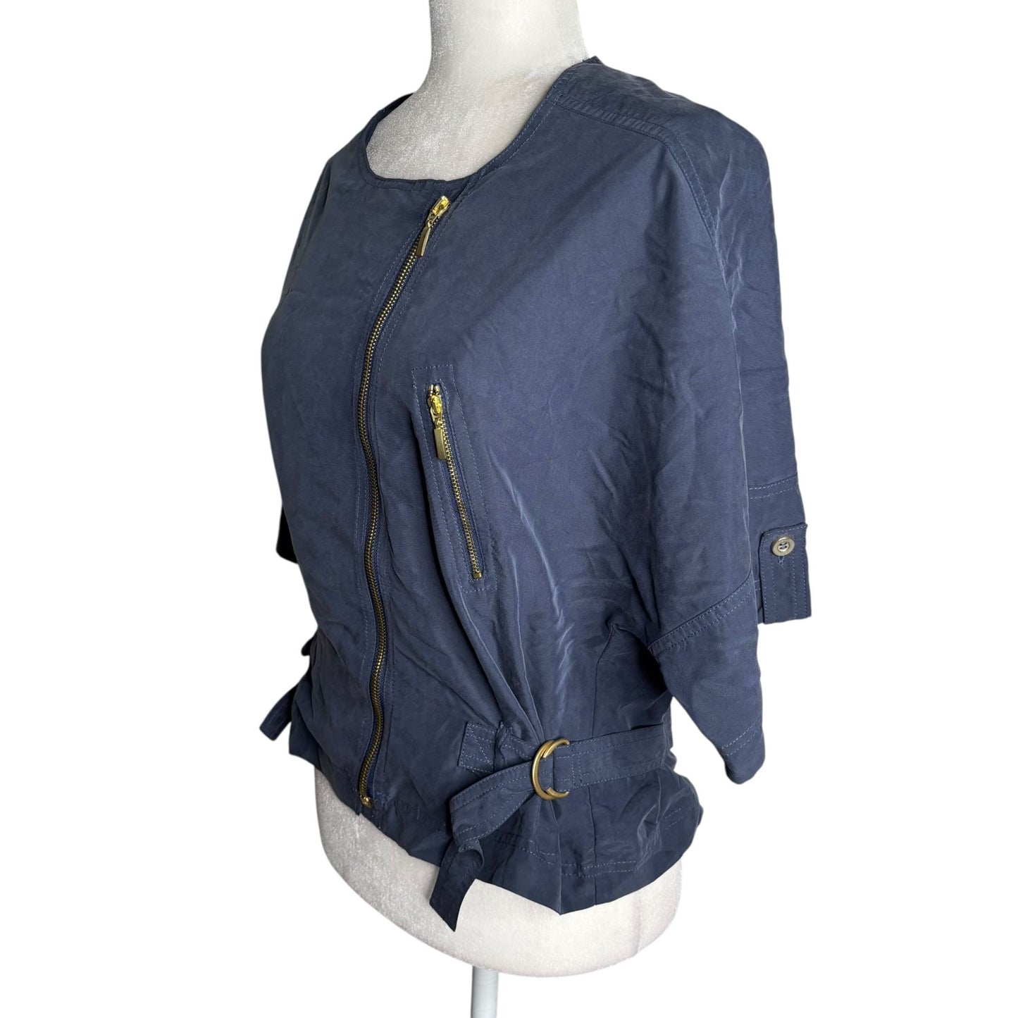 Paul Brial Navy Blue Asymmetrical Zip Jacket Top Size 5 Side Buckles Pockets