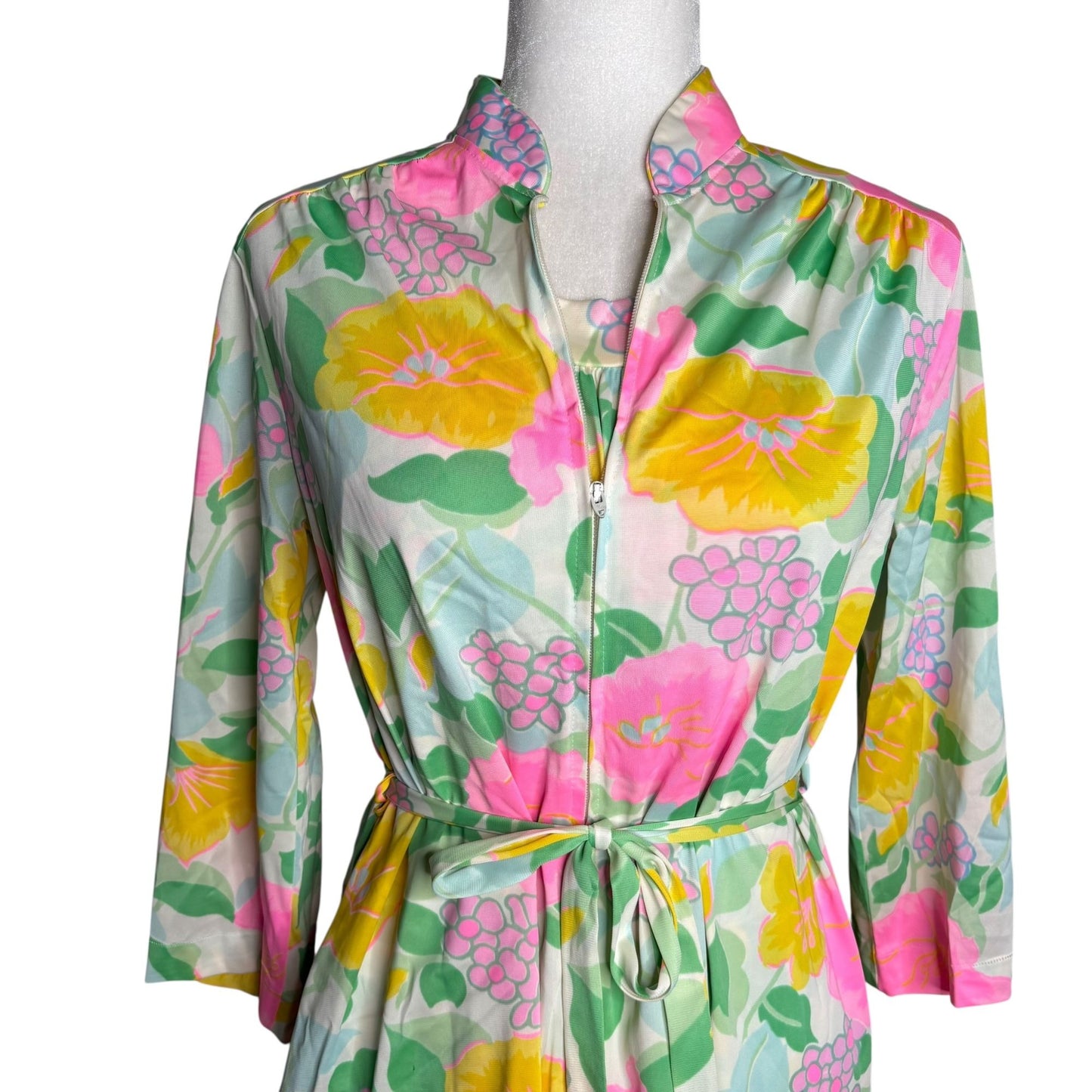 Vintage 70s Komar Floral Nylon Nightgown Robe Peignoir Set Small Zip Tie Belt