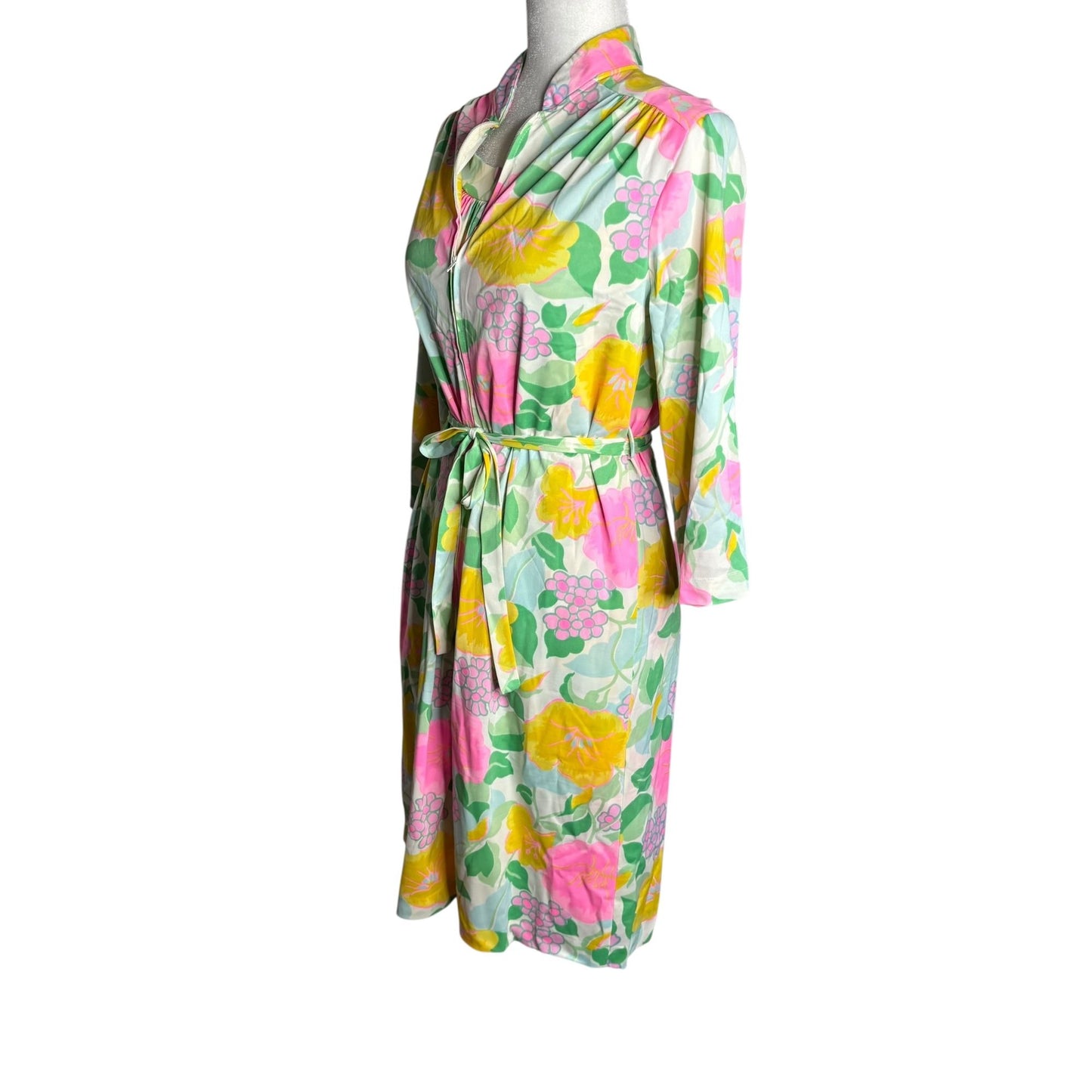Vintage 70s Komar Floral Nylon Nightgown Robe Peignoir Set Small Zip Tie Belt