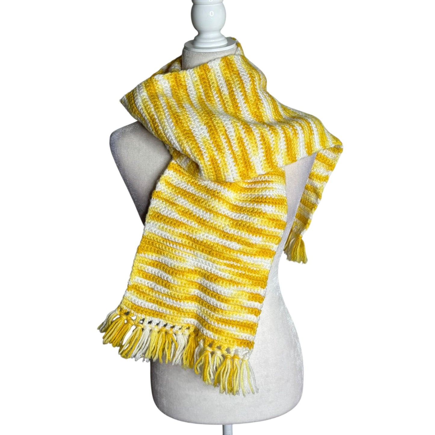 Handmade Yellow White Crochet Knit Striped Scarf With Fringe