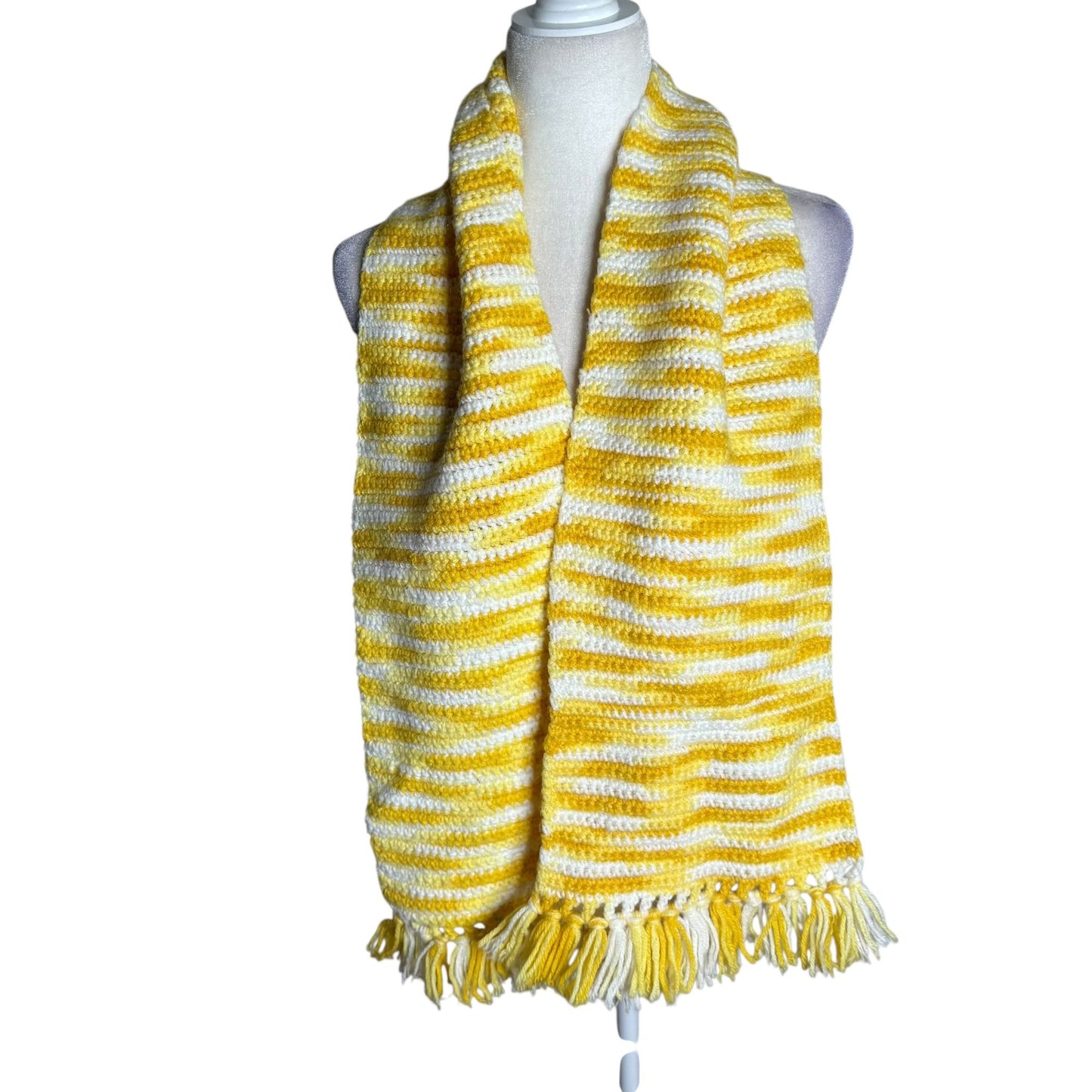 Handmade Yellow White Crochet Knit Striped Scarf With Fringe