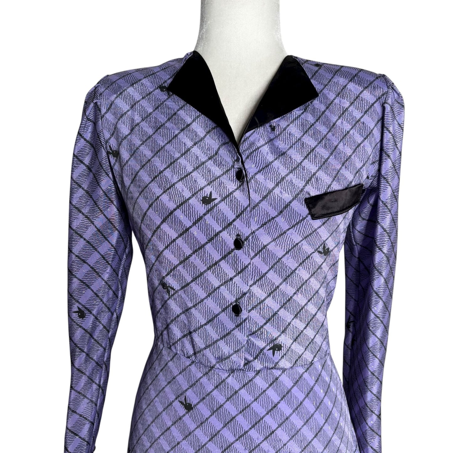 Vintage 80s Vivians Playboy Button Up Shirt Dress Medium Purple Check Bunny
