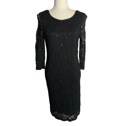 RSVP Sequin Lace Sheath Dress 10 Black Lined Round Neck Pullover Sheer Sleeves