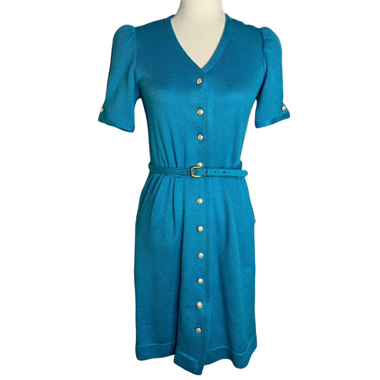 Vintage 70s Leslie Fay Button Down Dress 6 Blue Knit V Neck Belted Union Made