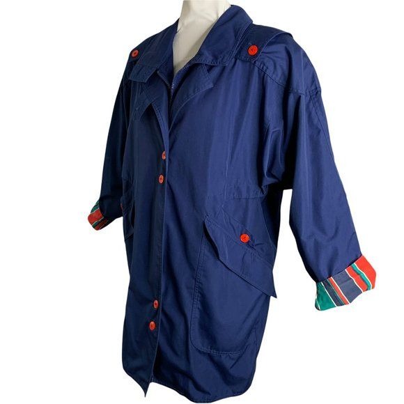 Vintage 80s Sportables Button Up Coat S Blue Stripe Lining Pockets Shoulder Pads