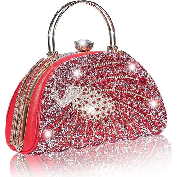 Peacock Rhinestone Evening Purse Handbag Red Shoulder Chain Holiday Party NEW