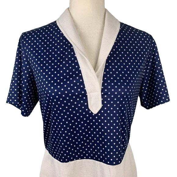 Vintage Polka Dot Linen Blend Dress M Blue White Zip V Neck Collar Rockabilly