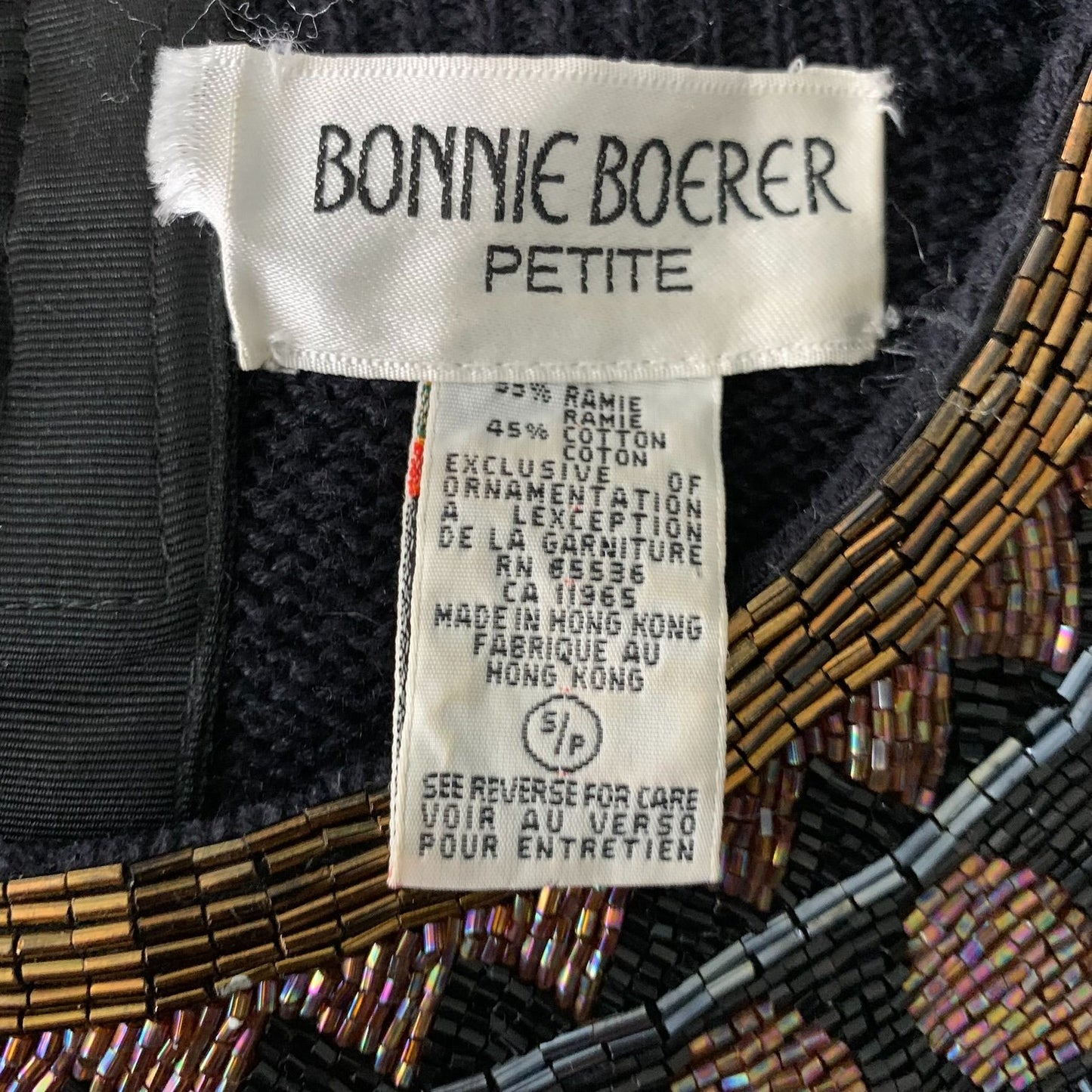 Vintage 90s Bonnie Boerer Beaded Sweater S Black Pullover Knit Hook Loop Collar