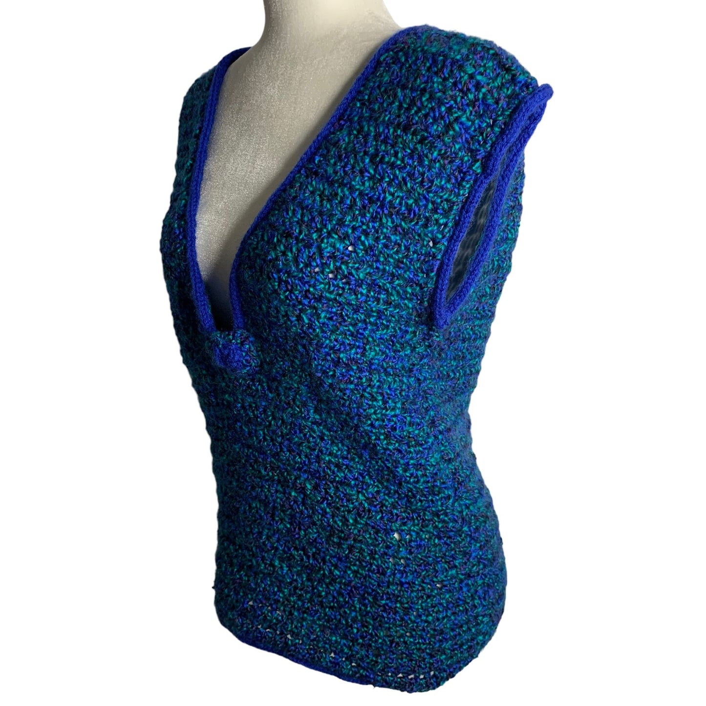 Vintage Handmade Knit Sweater Vest M Blue Green Sleeveless V Neck Soft Yarn