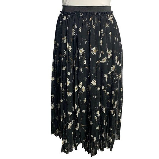 Urban Renewal Floral Pleated Midi Skirt S Black Sheer Lined Elastic Waist