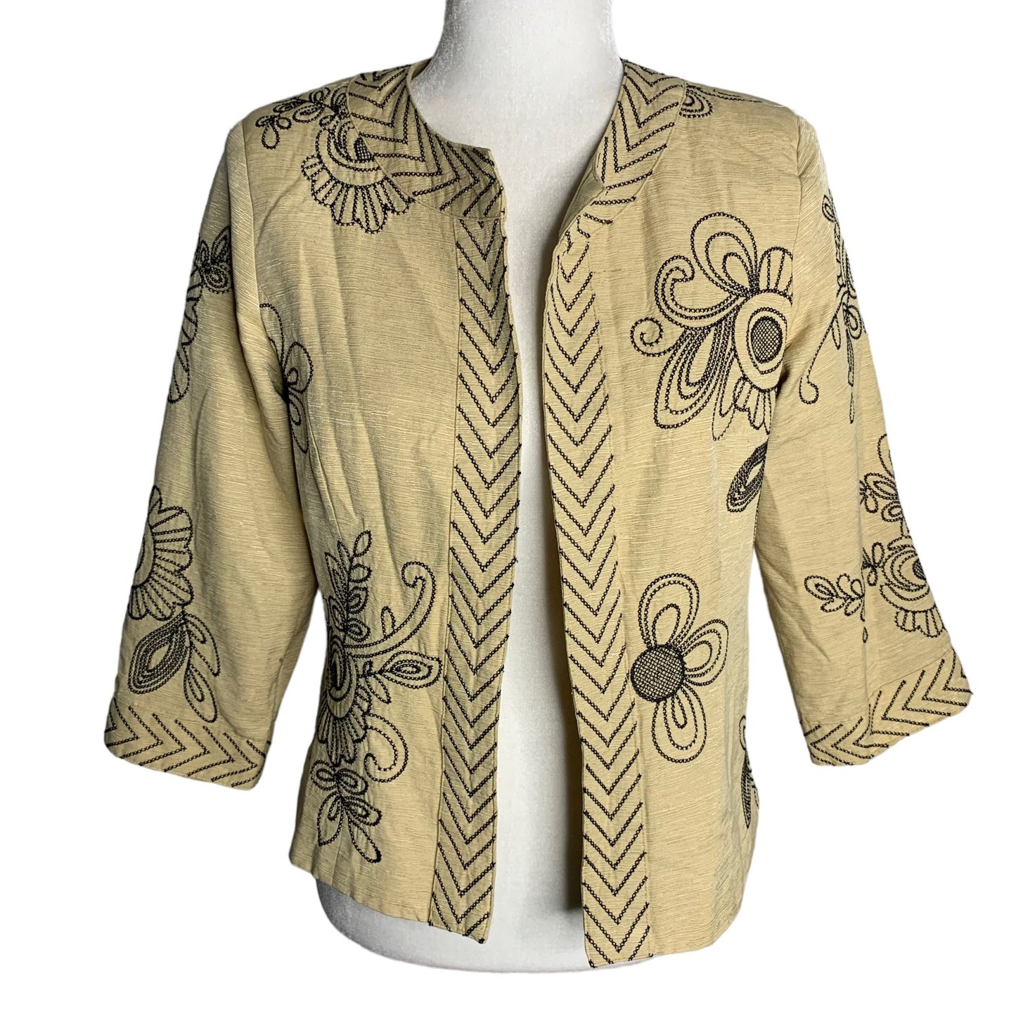 Marisa Christina Embroidered Silk Jacket S Beige 3/4 Sleeves Lined Hook Closure