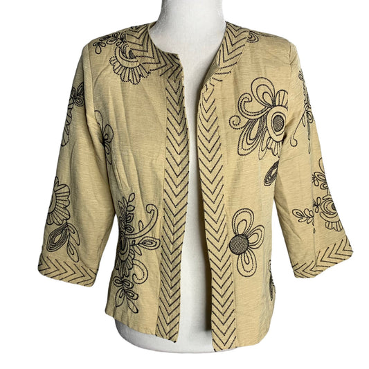 Marisa Christina Embroidered Silk Jacket S Beige 3/4 Sleeves Lined Hook Closure