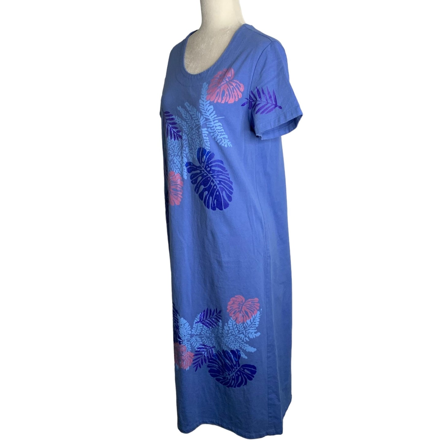 Vintage 90s Hand Painted Maxi Dress S Blue Hawaiian Floral Short Sleeve Cotton