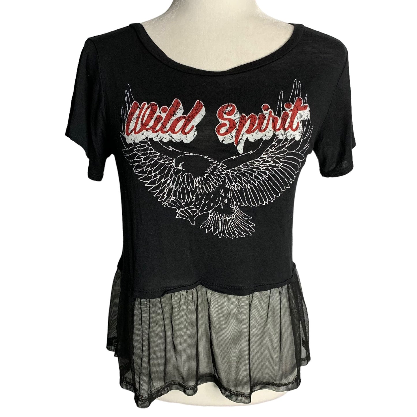 Vintage Y2K Wild Spirit Cropped Top S Black Sheer Ruffle Short Sleeves Eagle