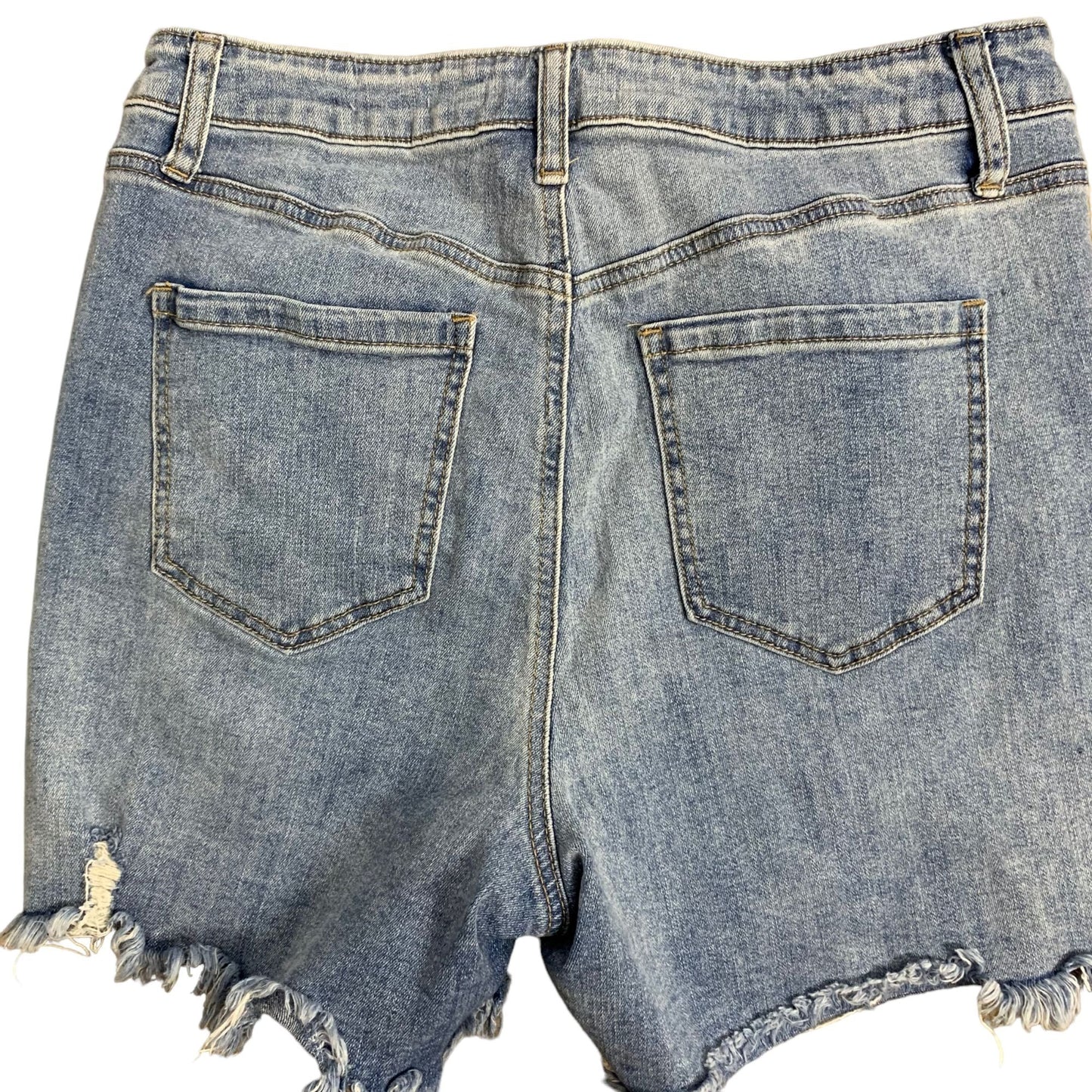 A Beautiful Soul Mid Rise Denim Shorts 10 Med Wash Distressed Patches 5 Pocket