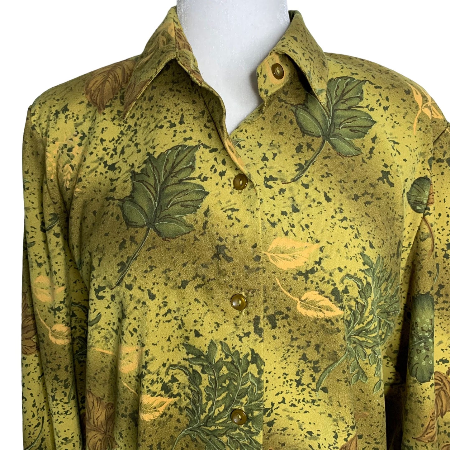 Vintage Microfiber Button Up Shirt M Green Leaves Floral Long Sleeve Collar