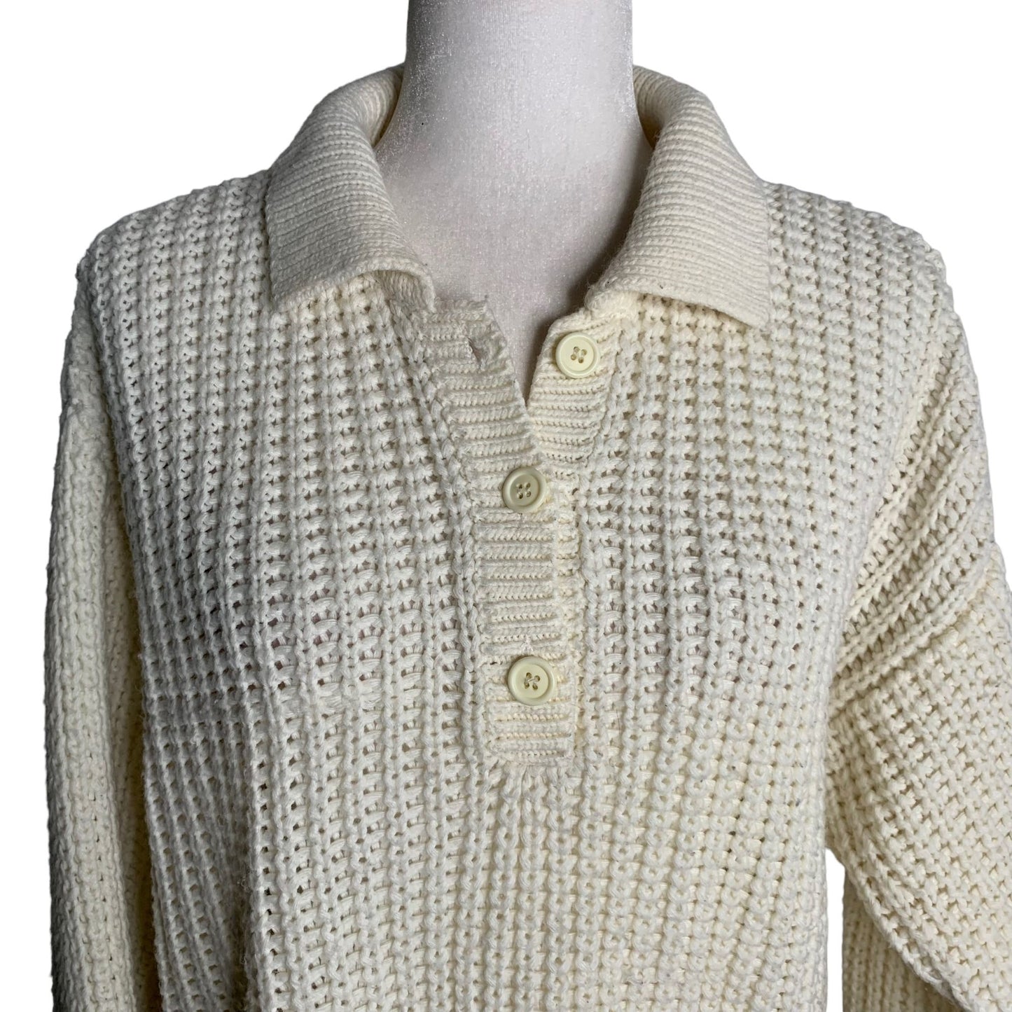 Vintage 90s Oversized Loose Knit Sweater S Cream Buttons Collar Pullover Slouchy