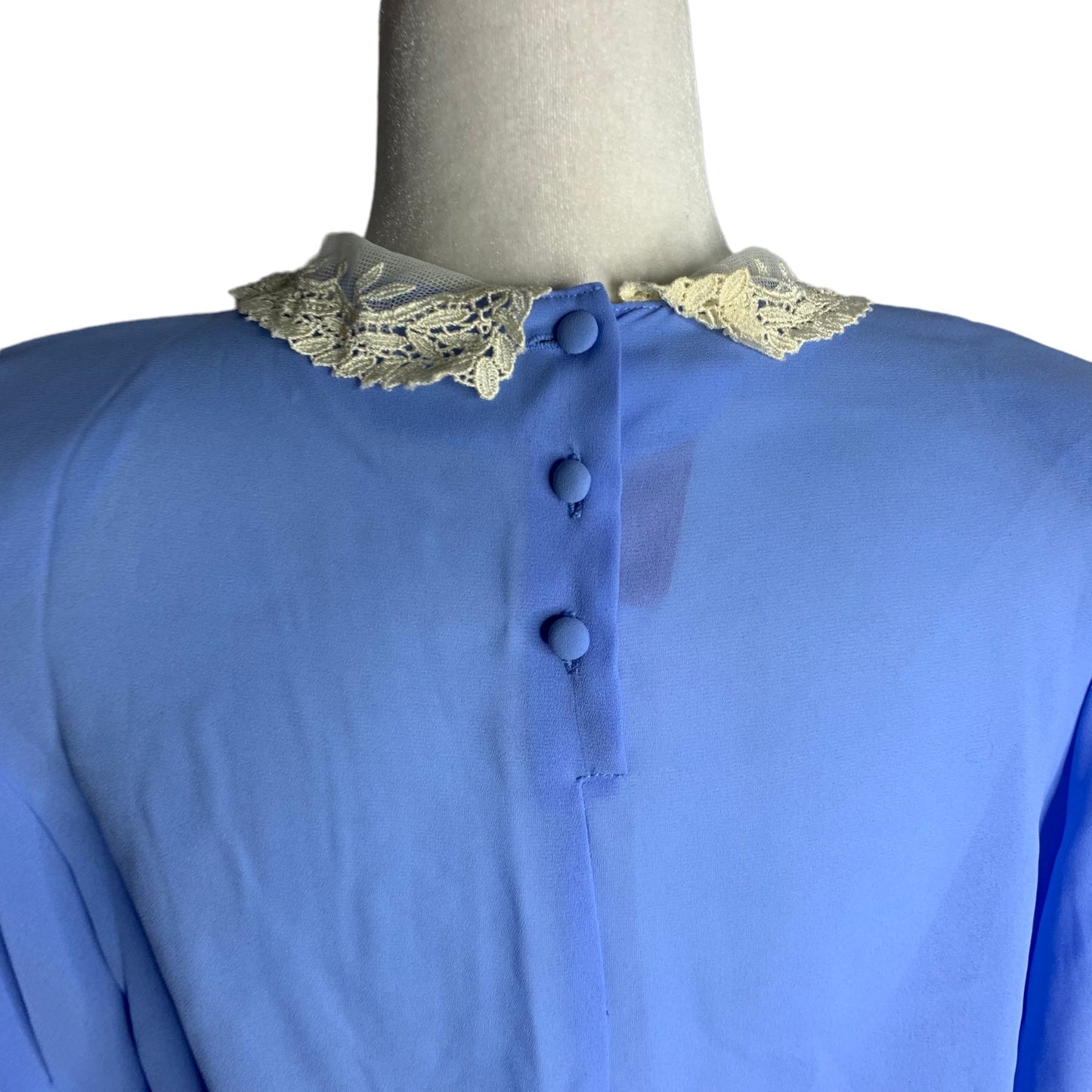 Vintage 80s Pleated Blouse S Blue Buttons Lace Collar 3/4 Sleeve Shoulder Pads