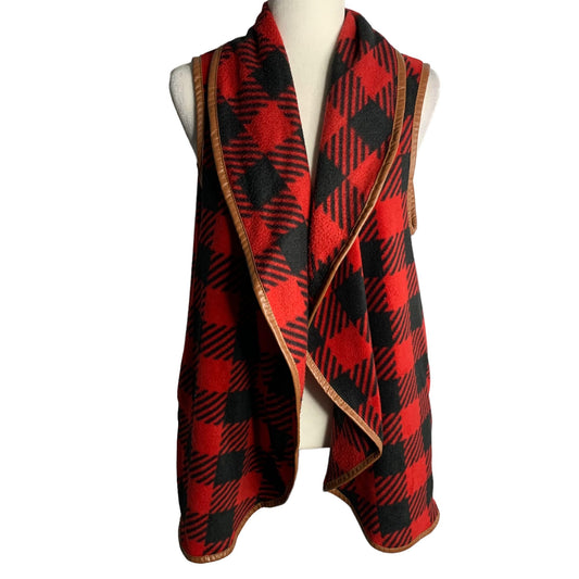 Simply Southern Open Front Fleece Vest S Red Black Buffalo Check Pockets