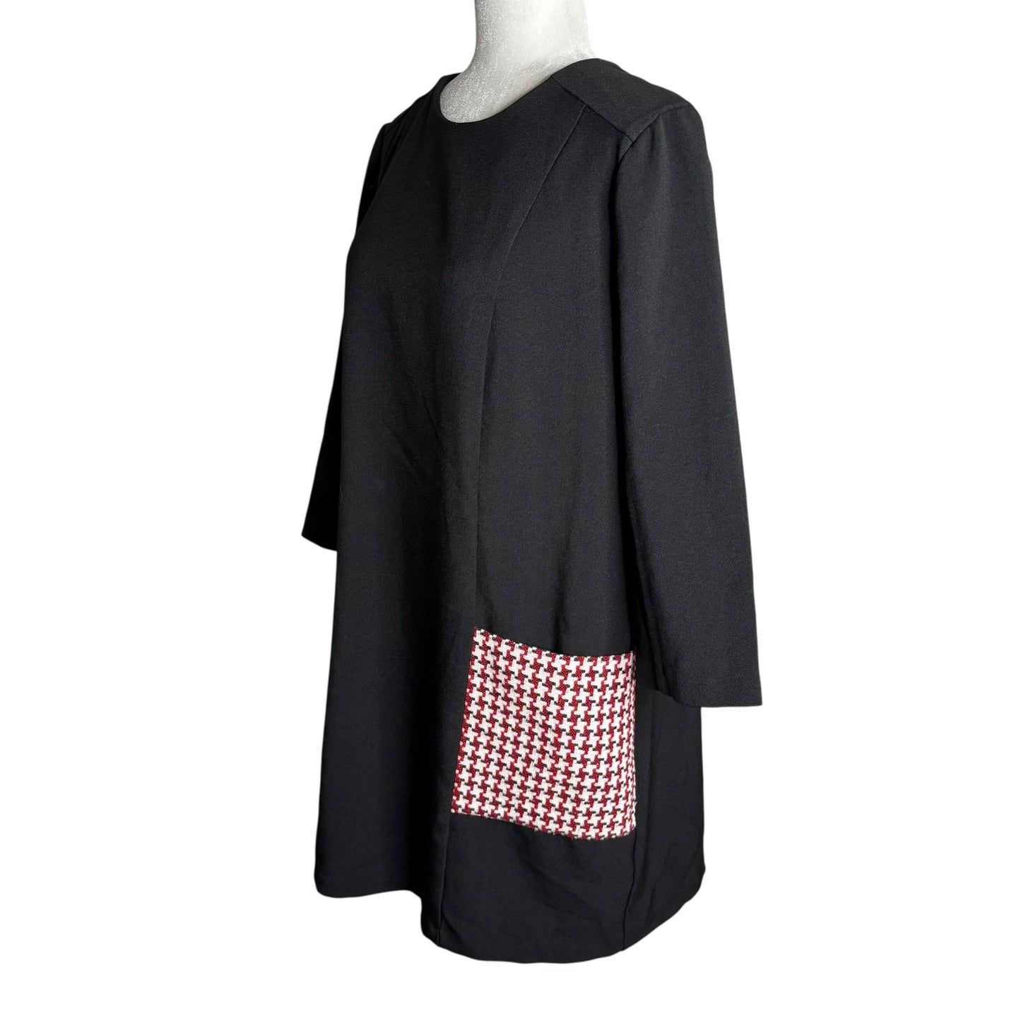 Asos Shift Dress Black Size 14 Red White Houndstooth Pockets Lined Zipper