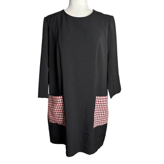 Asos Shift Dress Black Size 14 Red White Houndstooth Pockets Lined Zipper