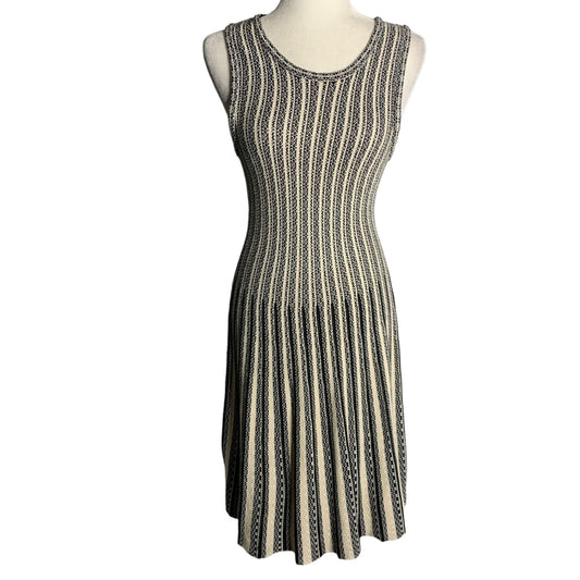 MAK Sleeveless Midi Knit Sweater Dress M Cream Black Stripes Pleated Zipper